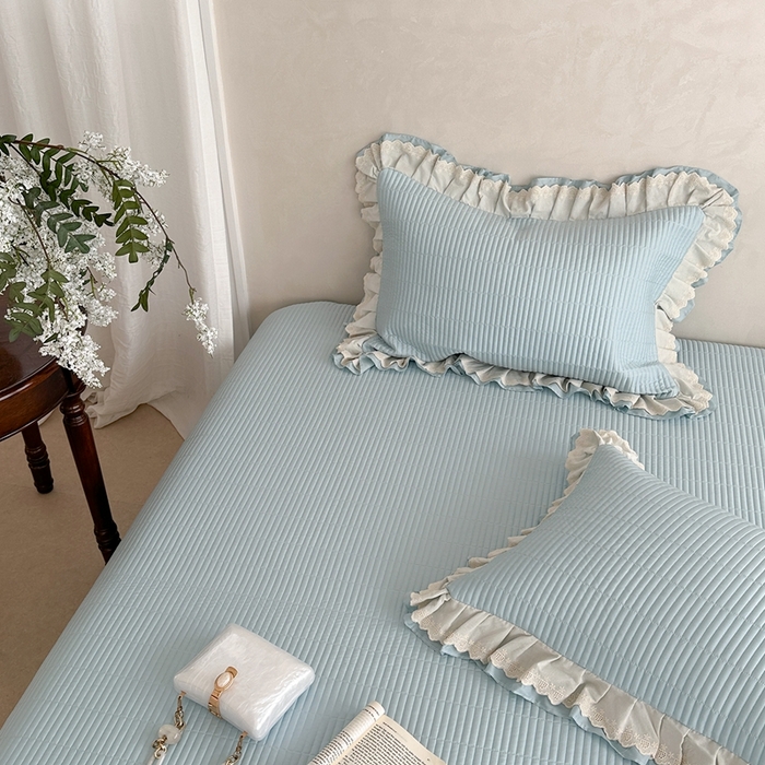 91家纺网 家纺一手货源 找家纺 琳可家居 2025新款轻法系列双层花边100%莱赛尔纤维床盖三件套可搭配同款被套（提供买家秀） 晴空蓝