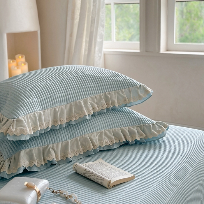 91家纺网 家纺一手货源 找家纺 琳可家居 2025新款轻法系列双层花边100%莱赛尔纤维床盖三件套可搭配同款被套（提供买家秀） 晴空蓝