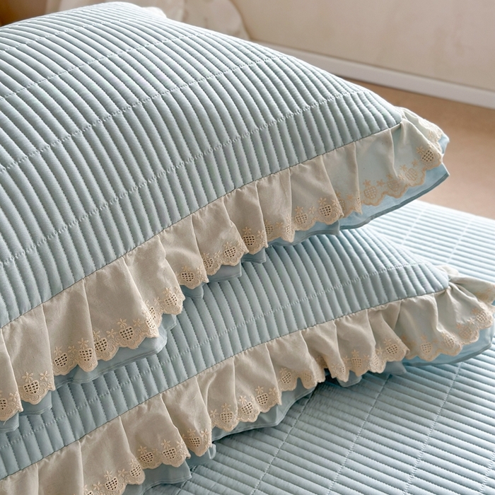 91家纺网 家纺一手货源 找家纺 琳可家居 2025新款轻法系列双层花边100%莱赛尔纤维床盖三件套可搭配同款被套（提供买家秀） 晴空蓝