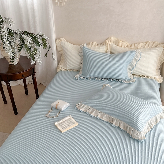 91家纺网 家纺一手货源 找家纺 琳可家居 2025新款轻法系列双层花边100%莱赛尔纤维床盖三件套可搭配同款被套（提供买家秀） 晴空蓝