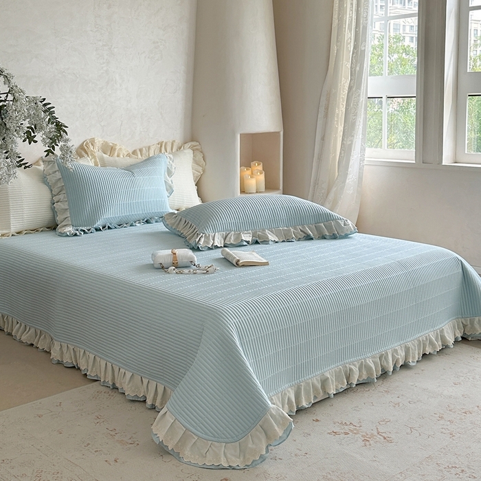 91家纺网 家纺一手货源 找家纺 琳可家居 2025新款轻法系列双层花边100%莱赛尔纤维床盖三件套可搭配同款被套（提供买家秀） 晴空蓝