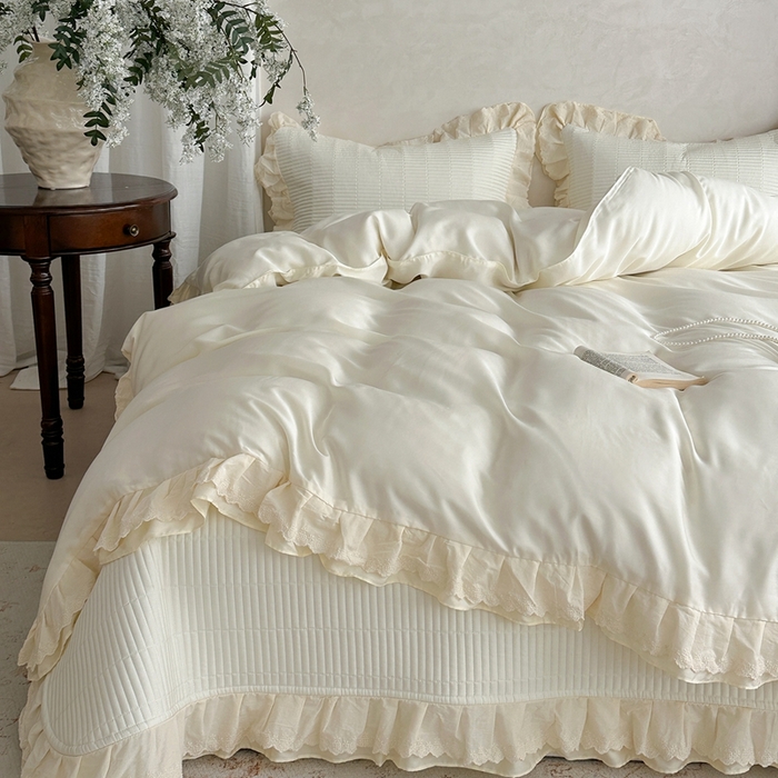 91家纺网 家纺一手货源 找家纺 琳可家居 2025新款轻法系列双层花边100%莱赛尔纤维床盖三件套可搭配同款被套（提供买家秀） 香草白