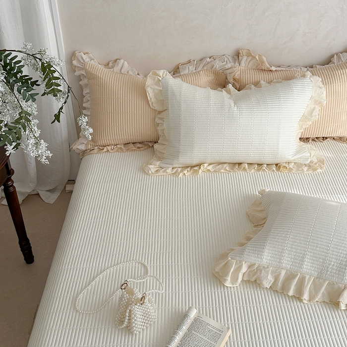 91家纺网 家纺一手货源 找家纺 琳可家居 2025新款轻法系列双层花边100%莱赛尔纤维床盖三件套可搭配同款被套（提供买家秀） 香草白