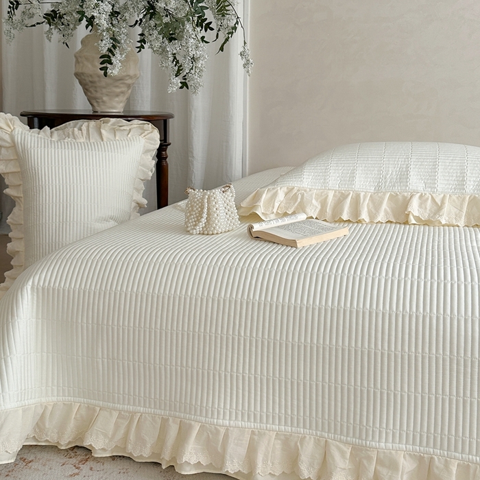 91家纺网 家纺一手货源 找家纺 琳可家居 2025新款轻法系列双层花边100%莱赛尔纤维床盖三件套可搭配同款被套（提供买家秀） 香草白