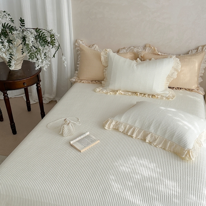 91家纺网 家纺一手货源 找家纺 琳可家居 2025新款轻法系列双层花边100%莱赛尔纤维床盖三件套可搭配同款被套（提供买家秀） 香草白