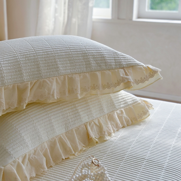 91家纺网 家纺一手货源 找家纺 琳可家居 2025新款轻法系列双层花边100%莱赛尔纤维床盖三件套可搭配同款被套（提供买家秀） 香草白