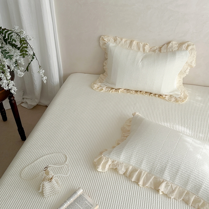 91家纺网 家纺一手货源 找家纺 琳可家居 2025新款轻法系列双层花边100%莱赛尔纤维床盖三件套可搭配同款被套（提供买家秀） 香草白
