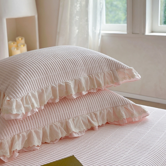 91家纺网 家纺一手货源 找家纺 琳可家居 2025新款轻法系列双层花边100%莱赛尔纤维床盖三件套可搭配同款被套（提供买家秀） 樱花粉