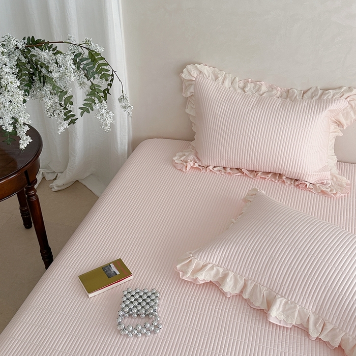 91家纺网 家纺一手货源 找家纺 琳可家居 2025新款轻法系列双层花边100%莱赛尔纤维床盖三件套可搭配同款被套（提供买家秀） 樱花粉