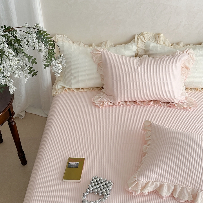 91家纺网 家纺一手货源 找家纺 琳可家居 2025新款轻法系列双层花边100%莱赛尔纤维床盖三件套可搭配同款被套（提供买家秀） 樱花粉