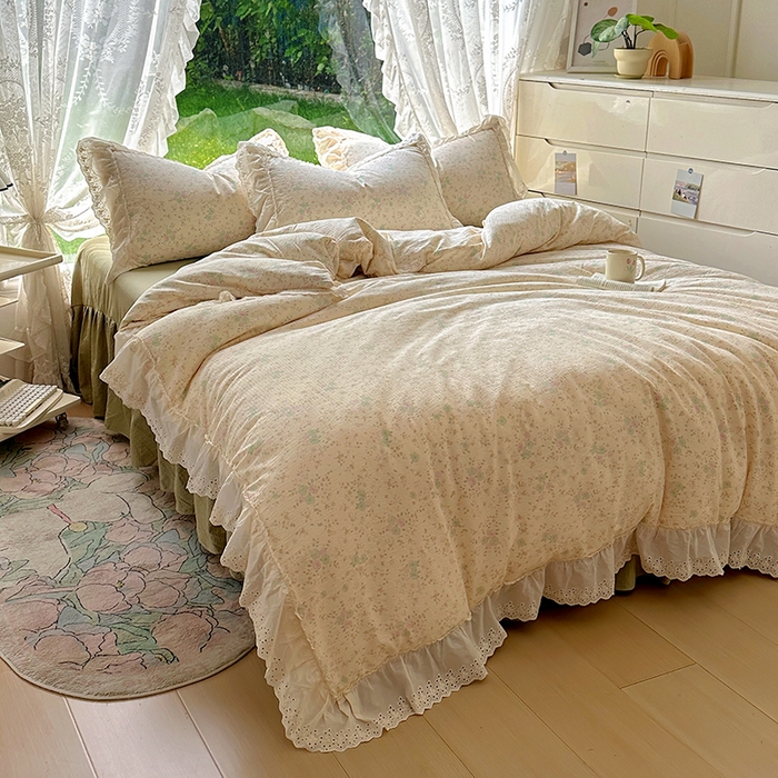 91家纺网 家纺一手货源 找家纺 一比一家纺 2025新款云感皱皱纱花边床裙四件套多功能夏被夏凉被空调被四件套四季通用 苏打薄荷