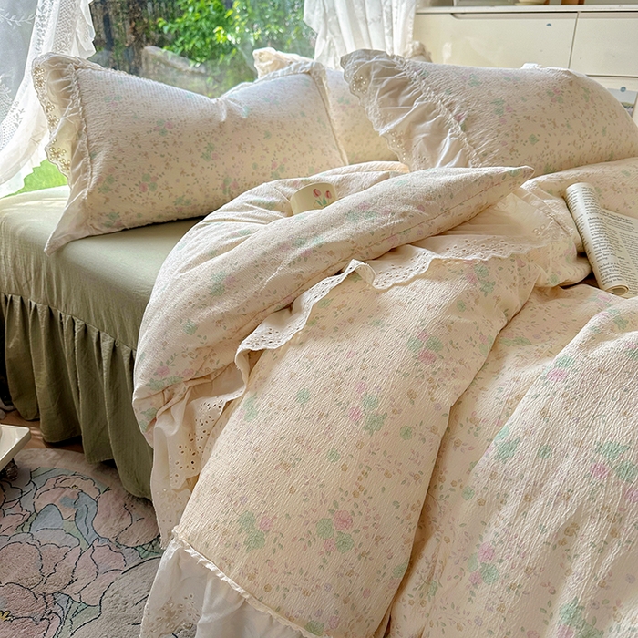 一比一家纺 2025新款云感皱皱纱花边床裙四件套多功能夏被夏凉被空调被四件套四季通用 苏打薄荷