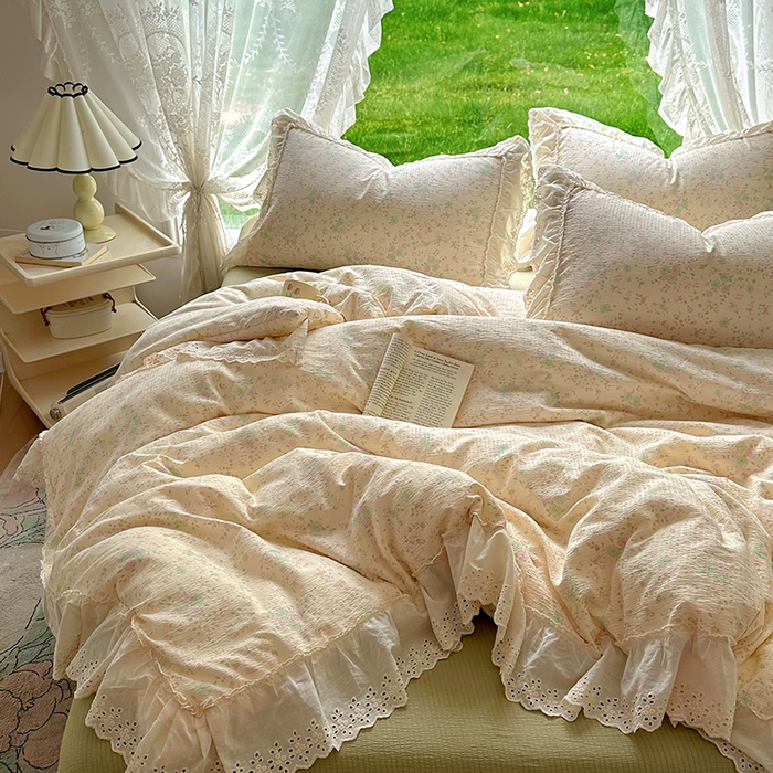 91家纺网 家纺一手货源 找家纺 一比一家纺 2025新款云感皱皱纱花边床裙四件套多功能夏被夏凉被空调被四件套四季通用 苏打薄荷