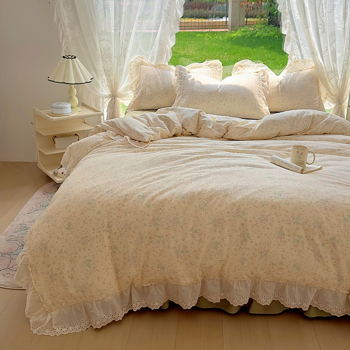 91家纺网 家纺一手货源 找家纺 一比一家纺 2025新款云感皱皱纱花边床裙四件套多功能夏被夏凉被空调被四件套四季通用 苏打薄荷