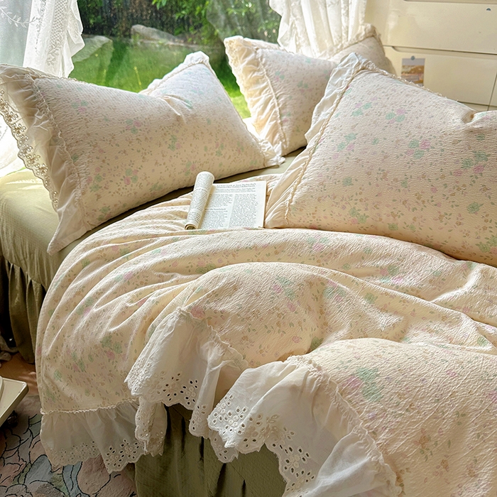 91家纺网 家纺一手货源 找家纺 一比一家纺 2025新款云感皱皱纱花边床裙四件套多功能夏被夏凉被空调被四件套四季通用 苏打薄荷