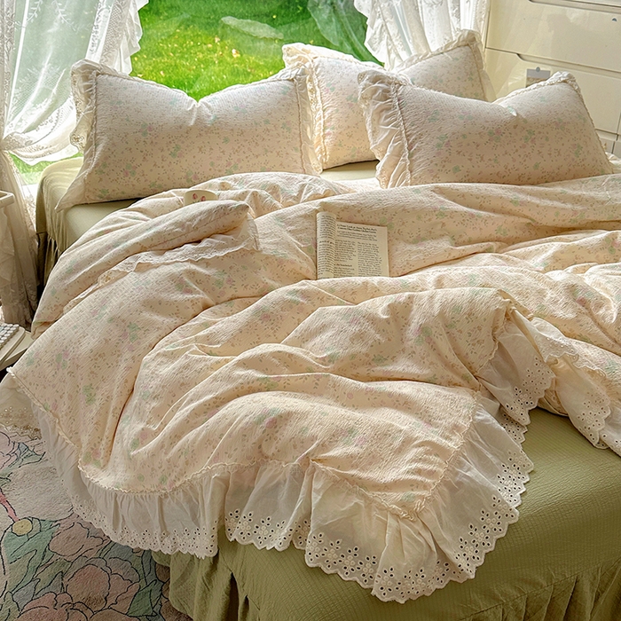 91家纺网 家纺一手货源 找家纺 一比一家纺 2025新款云感皱皱纱花边床裙四件套多功能夏被夏凉被空调被四件套四季通用 苏打薄荷