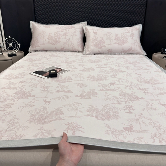 悦织湾家纺 2025新款A类高分子色织提花软凉席2025新款轻奢加厚亲肤透气冰丝凉感丝滑夏凉席子三件套 丛林-粉