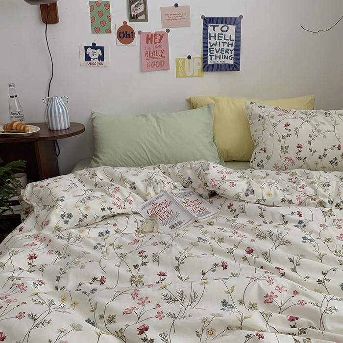 柚可家居 2024秋季新款40支全棉斜纹四件套-小漫春 小时光-果绿