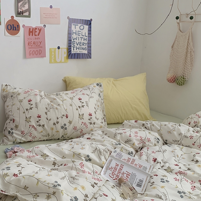 91家纺网 家纺一手货源 找家纺 柚可家居 2024秋季新款40支全棉斜纹四件套-小漫春 小时光-果绿