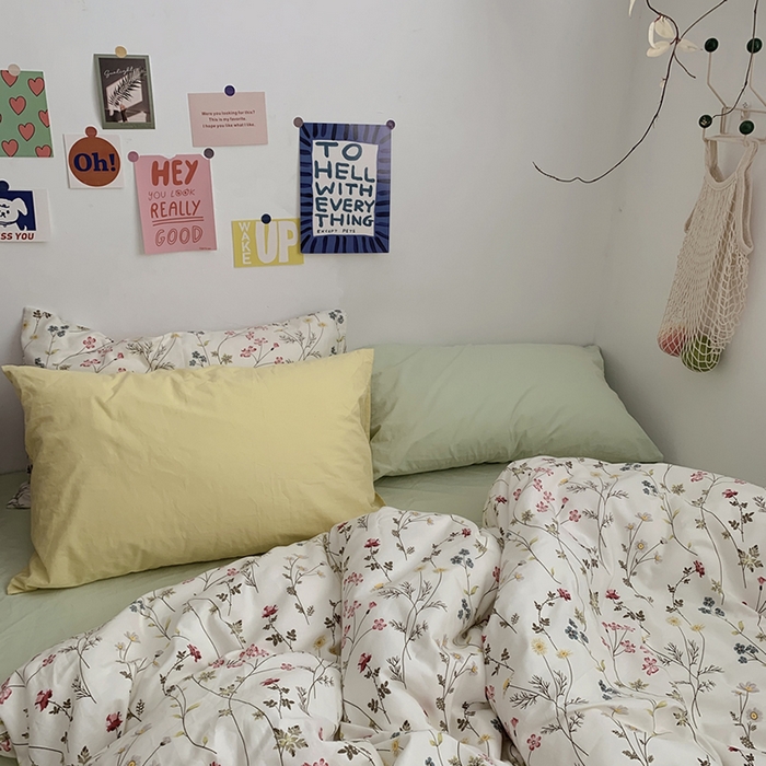 91家纺网 家纺一手货源 找家纺 柚可家居 2024秋季新款40支全棉斜纹四件套-小漫春 小时光-果绿