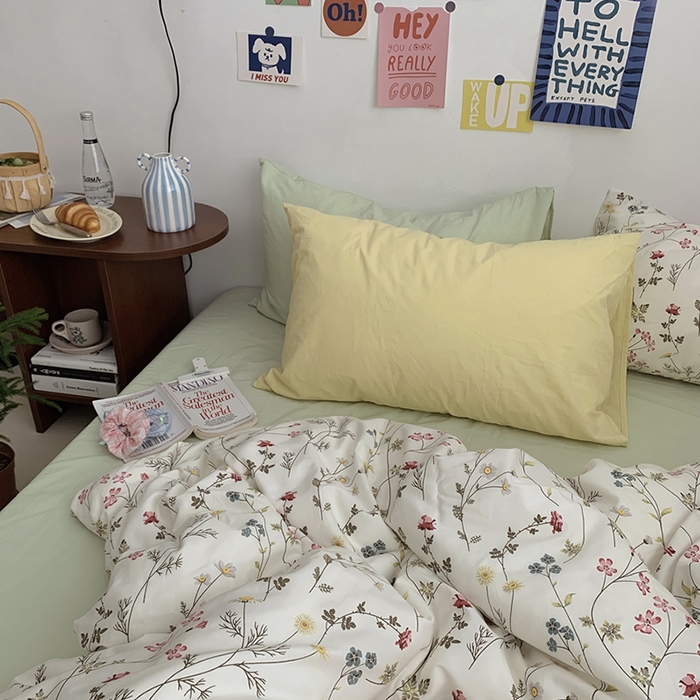 91家纺网 家纺一手货源 找家纺 柚可家居 2024秋季新款40支全棉斜纹四件套-小漫春 小时光-果绿