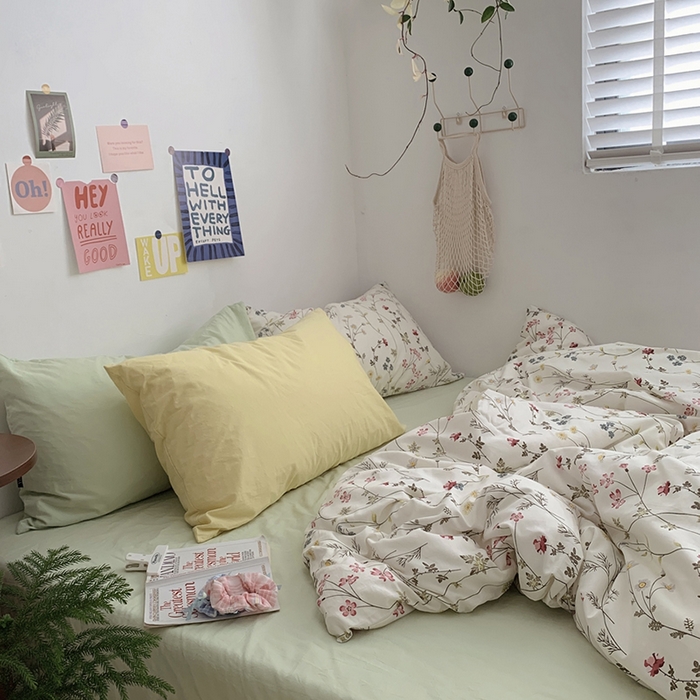 91家纺网 家纺一手货源 找家纺 柚可家居 2024秋季新款40支全棉斜纹四件套-小漫春 小时光-果绿