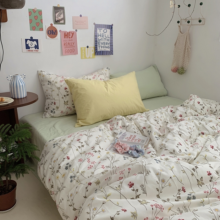 91家纺网 家纺一手货源 找家纺 柚可家居 2024秋季新款40支全棉斜纹四件套-小漫春 小时光-果绿