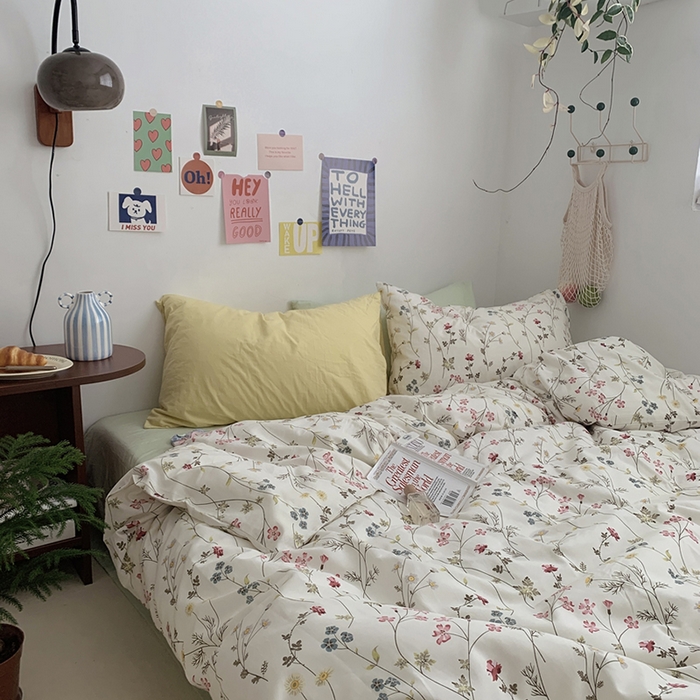 91家纺网 家纺一手货源 找家纺 柚可家居 2024秋季新款40支全棉斜纹四件套-小漫春 小时光-果绿