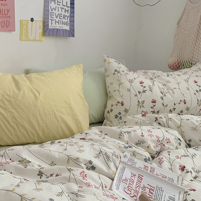 91家纺网 家纺一手货源 找家纺 柚可家居 2024秋季新款40支全棉斜纹四件套-小漫春 小时光-果绿