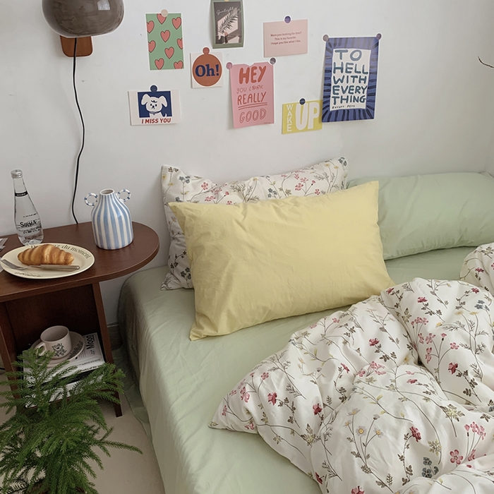 91家纺网 家纺一手货源 找家纺 柚可家居 2024秋季新款40支全棉斜纹四件套-小漫春 小时光-果绿