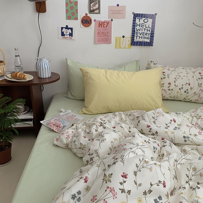 91家纺网 家纺一手货源 找家纺 柚可家居 2024秋季新款40支全棉斜纹四件套-小漫春 小时光-果绿