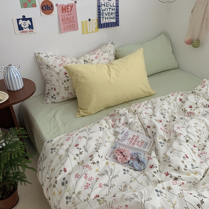 91家纺网 家纺一手货源 找家纺 柚可家居 2024秋季新款40支全棉斜纹四件套-小漫春 小时光-果绿