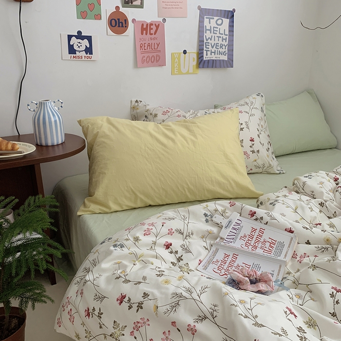 91家纺网 家纺一手货源 找家纺 柚可家居 2024秋季新款40支全棉斜纹四件套-小漫春 小时光-果绿