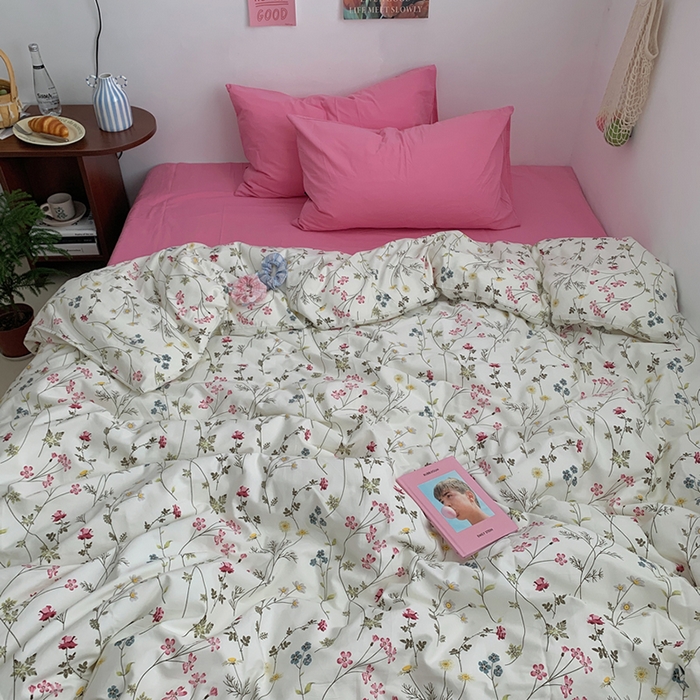 柚可家居 2024秋季新款40支全棉斜纹四件套-小漫春 小时光-桃红