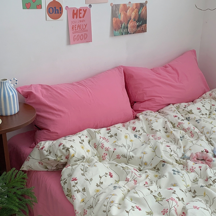 91家纺网 家纺一手货源 找家纺 柚可家居 2024秋季新款40支全棉斜纹四件套-小漫春 小时光-桃红