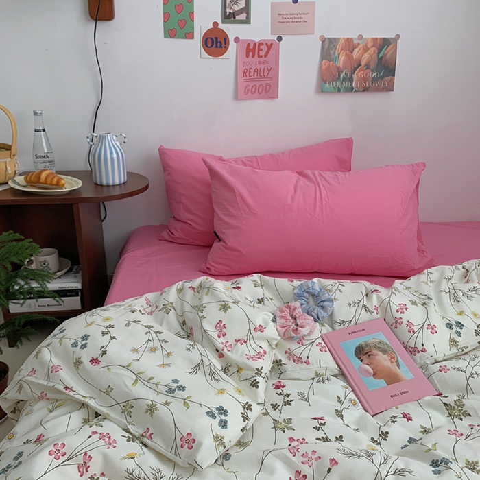 91家纺网 家纺一手货源 找家纺 柚可家居 2024秋季新款40支全棉斜纹四件套-小漫春 小时光-桃红