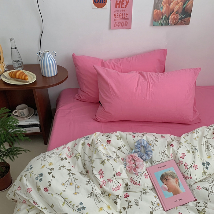 91家纺网 家纺一手货源 找家纺 柚可家居 2024秋季新款40支全棉斜纹四件套-小漫春 小时光-桃红