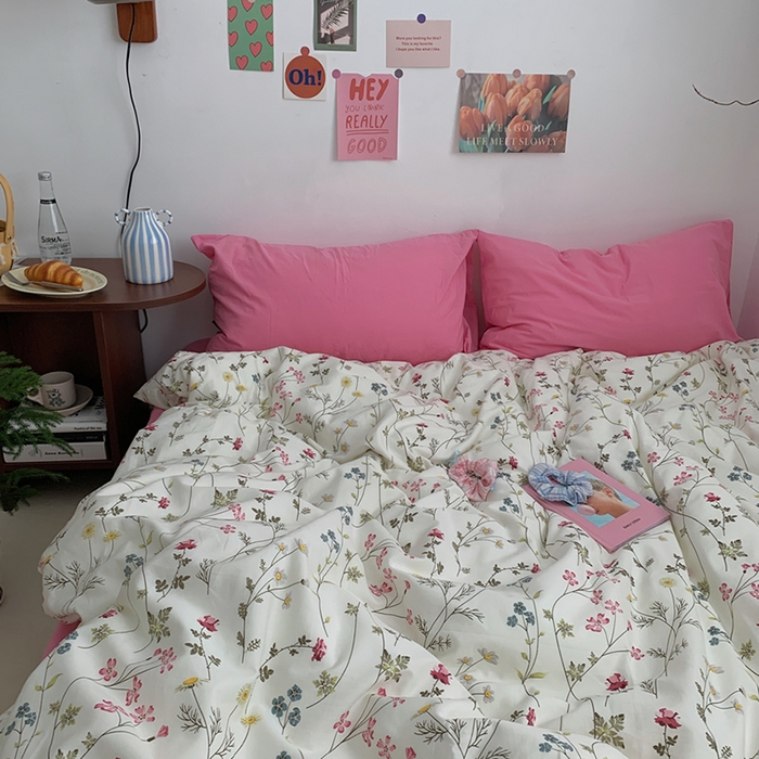 91家纺网 家纺一手货源 找家纺 柚可家居 2024秋季新款40支全棉斜纹四件套-小漫春 小时光-桃红