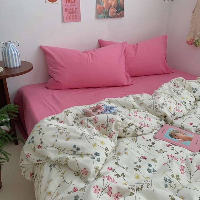 91家纺网 家纺一手货源 找家纺 柚可家居 2024秋季新款40支全棉斜纹四件套-小漫春 小时光-桃红