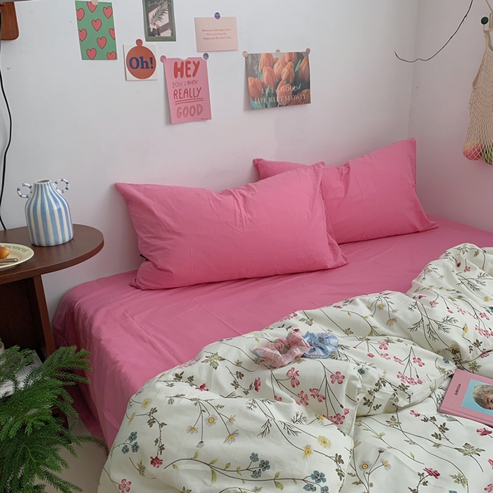 91家纺网 家纺一手货源 找家纺 柚可家居 2024秋季新款40支全棉斜纹四件套-小漫春 小时光-桃红