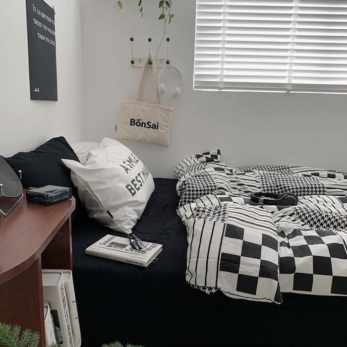 91家纺网 家纺一手货源 找家纺 柚可家居 2024秋季新款40支全棉斜纹四件套-小漫春 棋盘格千鸟格