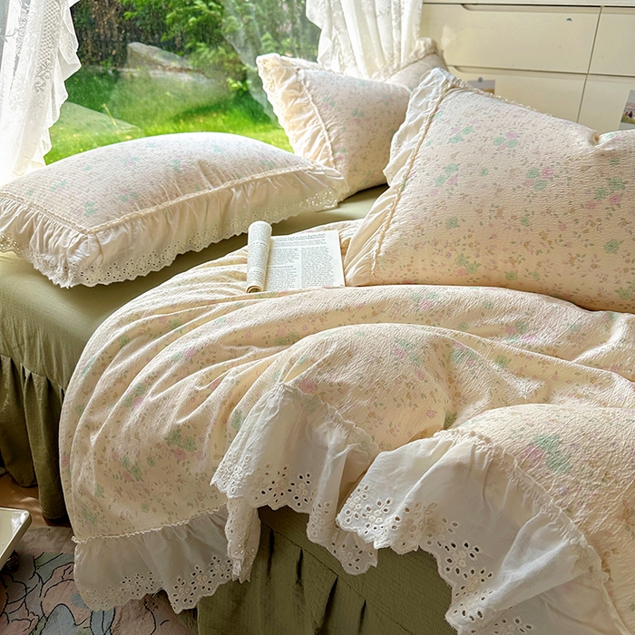 91家纺网 家纺一手货源 找家纺 一比一家纺 2025新款云感皱皱纱花边床裙四件套多功能夏被夏凉被空调被四件套四季通用 苏打薄荷