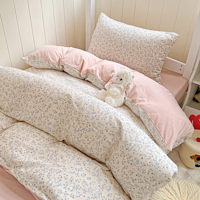 91家纺网 家纺一手货源 找家纺 朵朵家纺2025新款水洗云朵糯糯棉三四件套水洗棉简约风ins风小碎花学生宿舍床被套床单款床笠款三四件套——单被套 - 副本 花丛兔