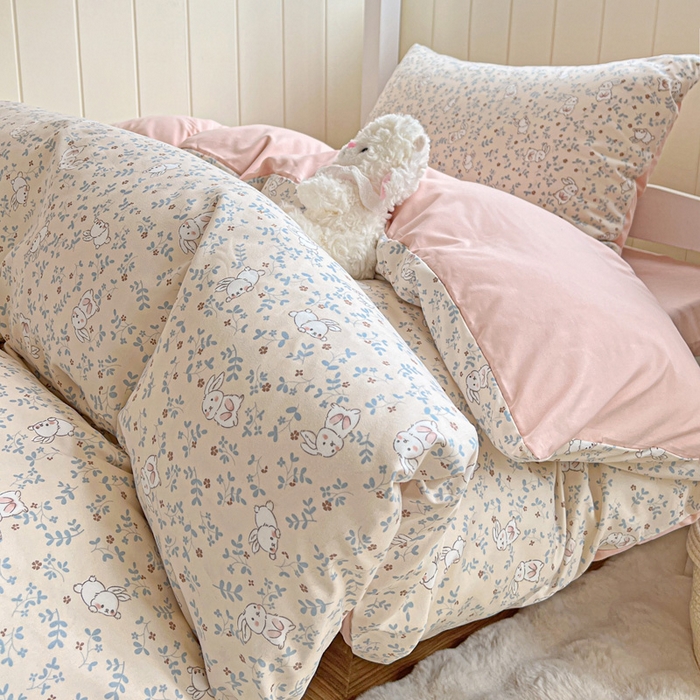 91家纺网 家纺一手货源 找家纺 朵朵家纺2025新款水洗云朵糯糯棉三四件套水洗棉简约风ins风小碎花学生宿舍床被套床单款床笠款三四件套——单被套 - 副本 花丛兔