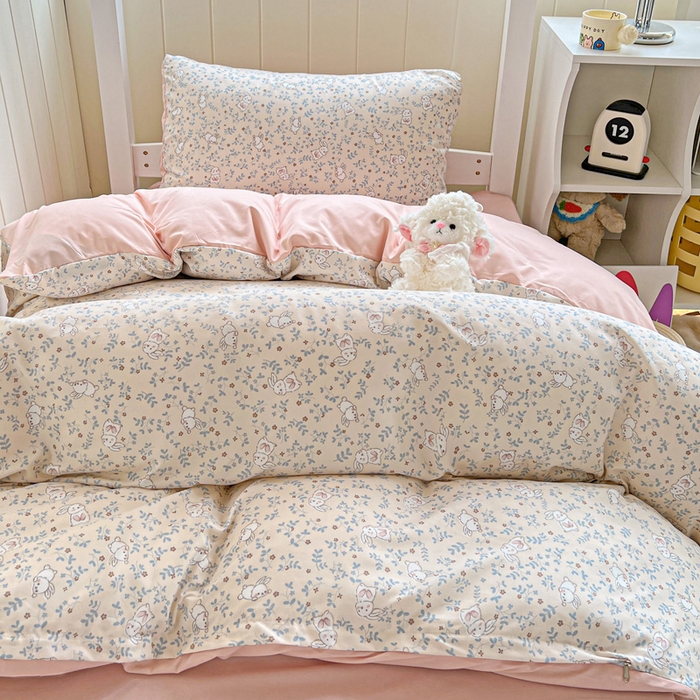 91家纺网 家纺一手货源 找家纺 朵朵家纺2025新款水洗云朵糯糯棉三四件套水洗棉简约风ins风小碎花学生宿舍床被套床单款床笠款三四件套——单被套 - 副本 花丛兔