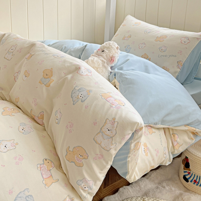 91家纺网 家纺一手货源 找家纺 朵朵家纺2025新款水洗云朵糯糯棉三四件套水洗棉简约风ins风小碎花学生宿舍床被套床单款床笠款三四件套——单被套  萌宠