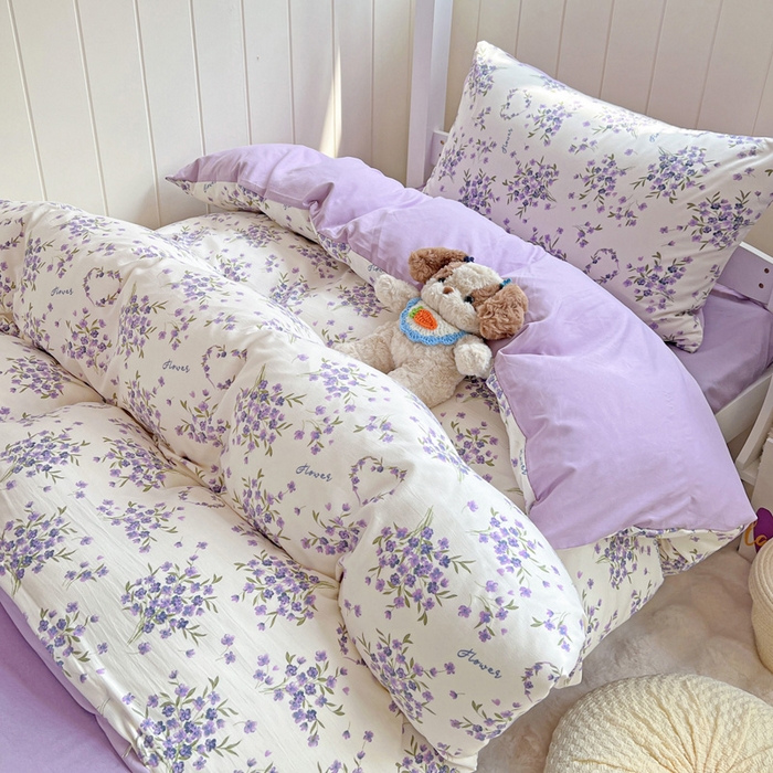 91家纺网 家纺一手货源 找家纺 朵朵家纺2025新款水洗云朵糯糯棉三四件套水洗棉简约风ins风小碎花学生宿舍床被套床单款床笠款三四件套——单被套 薰衣草