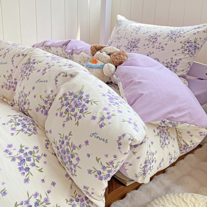 91家纺网 家纺一手货源 找家纺 朵朵家纺2025新款水洗云朵糯糯棉三四件套水洗棉简约风ins风小碎花学生宿舍床被套床单款床笠款三四件套——单被套 薰衣草