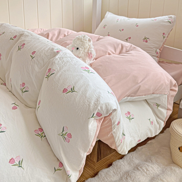 91家纺网 家纺一手货源 找家纺 朵朵家纺2025新款水洗云朵糯糯棉三四件套水洗棉简约风ins风小碎花学生宿舍床被套床单款床笠款三四件套——单被套 - 副本 郁金香