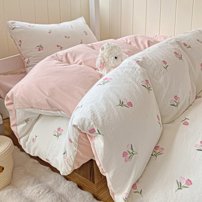 91家纺网 家纺一手货源 找家纺 朵朵家纺2025新款水洗云朵糯糯棉三四件套水洗棉简约风ins风小碎花学生宿舍床被套床单款床笠款三四件套——单被套 - 副本 郁金香